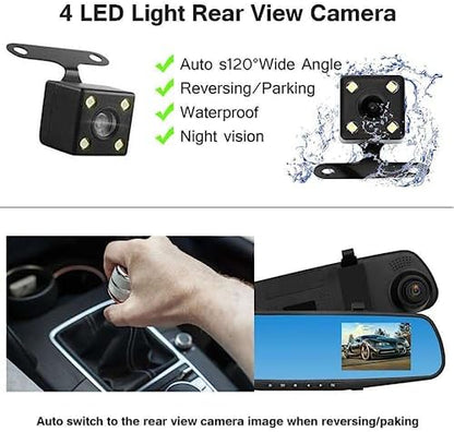 Mirror Dash Cam, Rear View Mirror Camera Smart Driving Assistant, 1080P Dash Cameras Front and Rear, 4. 3in Screen Motion Detection Loop Recording