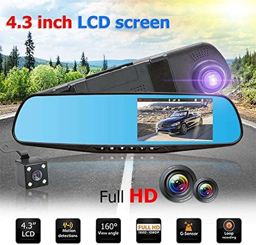 Mirror Dash Cam, Rear View Mirror Camera Smart Driving Assistant, 1080P Dash Cameras Front and Rear, 4. 3in Screen Motion Detection Loop Recording