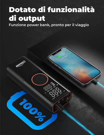 Oasser Compressore Aria Portatile 150PSI, 6000mAh, Inflazione Rapida, Doppio Schermo LCD, Spegnimento Automatico,Torcia LED, per Auto/Moto/Bici