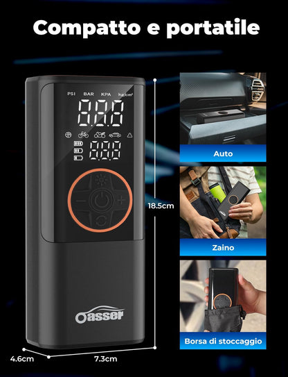 Oasser Compressore Aria Portatile 150PSI, 6000mAh, Inflazione Rapida, Doppio Schermo LCD, Spegnimento Automatico,Torcia LED, per Auto/Moto/Bici