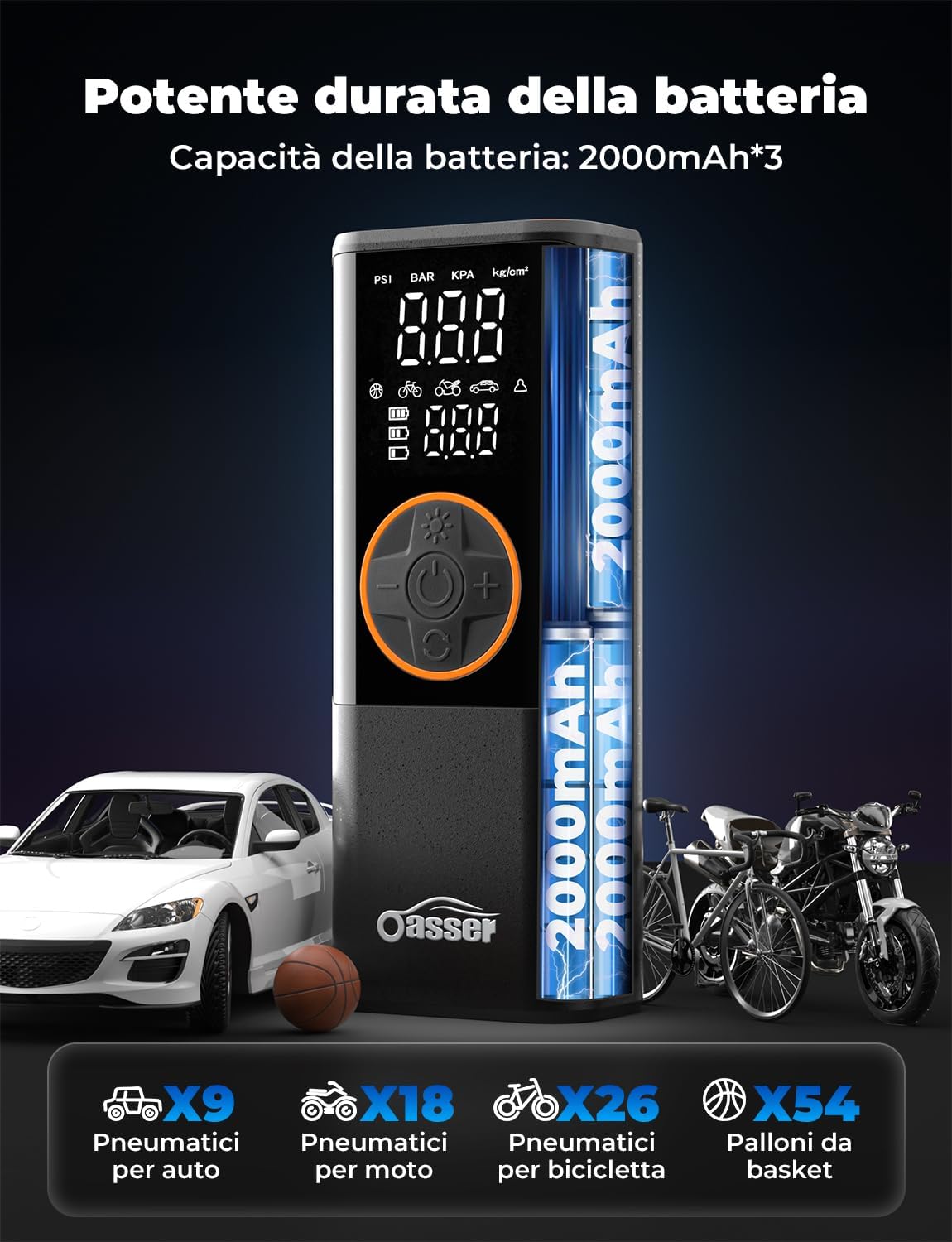 Oasser Compressore Aria Portatile 150PSI, 6000mAh, Inflazione Rapida, Doppio Schermo LCD, Spegnimento Automatico,Torcia LED, per Auto/Moto/Bici
