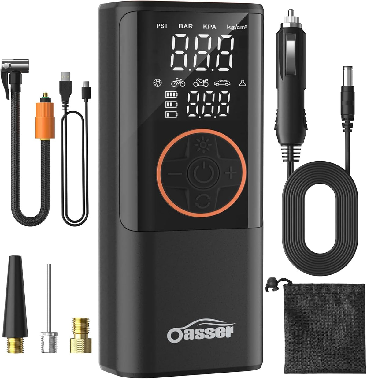 Oasser Compressore Aria Portatile 150PSI, 6000mAh, Inflazione Rapida, Doppio Schermo LCD, Spegnimento Automatico,Torcia LED, per Auto/Moto/Bici