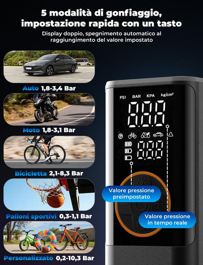 Oasser Compressore Aria Portatile 150PSI, 6000mAh, Inflazione Rapida, Doppio Schermo LCD, Spegnimento Automatico,Torcia LED, per Auto/Moto/Bici