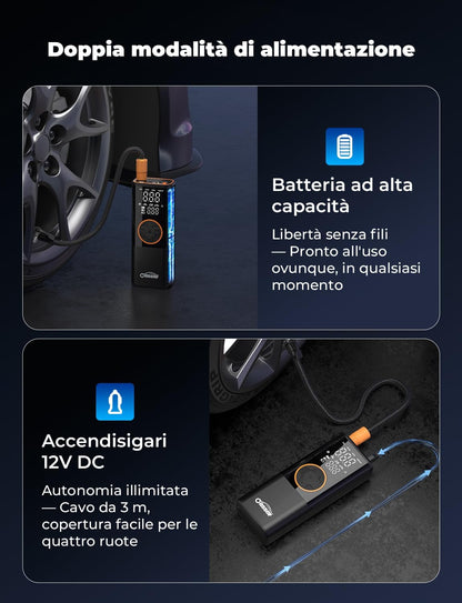 Oasser Compressore Aria Portatile 150PSI, 6000mAh, Inflazione Rapida, Doppio Schermo LCD, Spegnimento Automatico,Torcia LED, per Auto/Moto/Bici