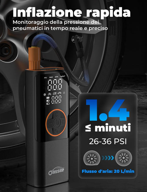Oasser Compressore Aria Portatile 150PSI, 6000mAh, Inflazione Rapida, Doppio Schermo LCD, Spegnimento Automatico,Torcia LED, per Auto/Moto/Bici